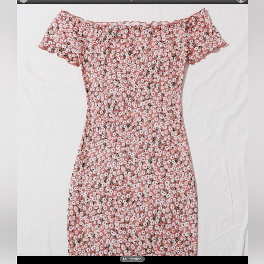 Off Shoulder Lettuce Trim Ribbed Floral Dress
